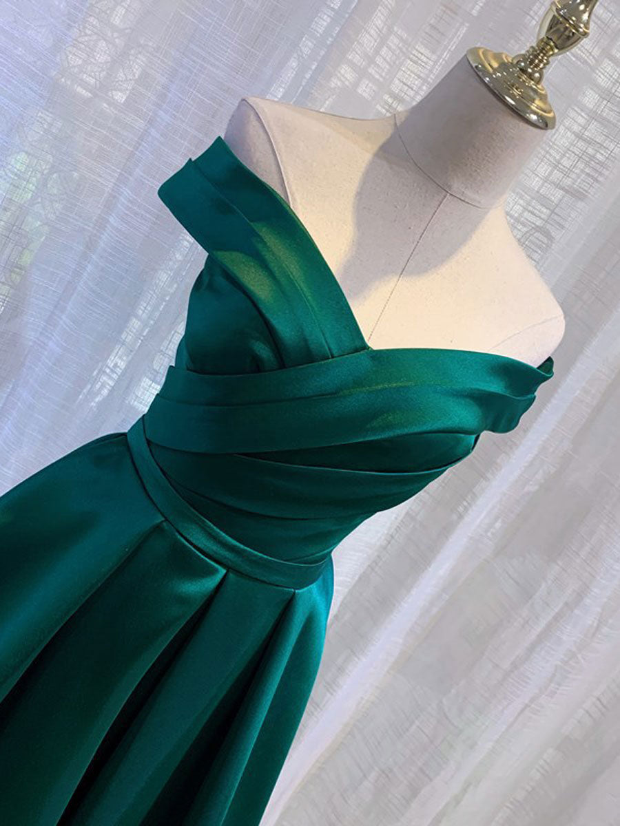 Handmade Bridesmaid Dress Green Satin Off the Shoulder Long Wedding Guest Dress