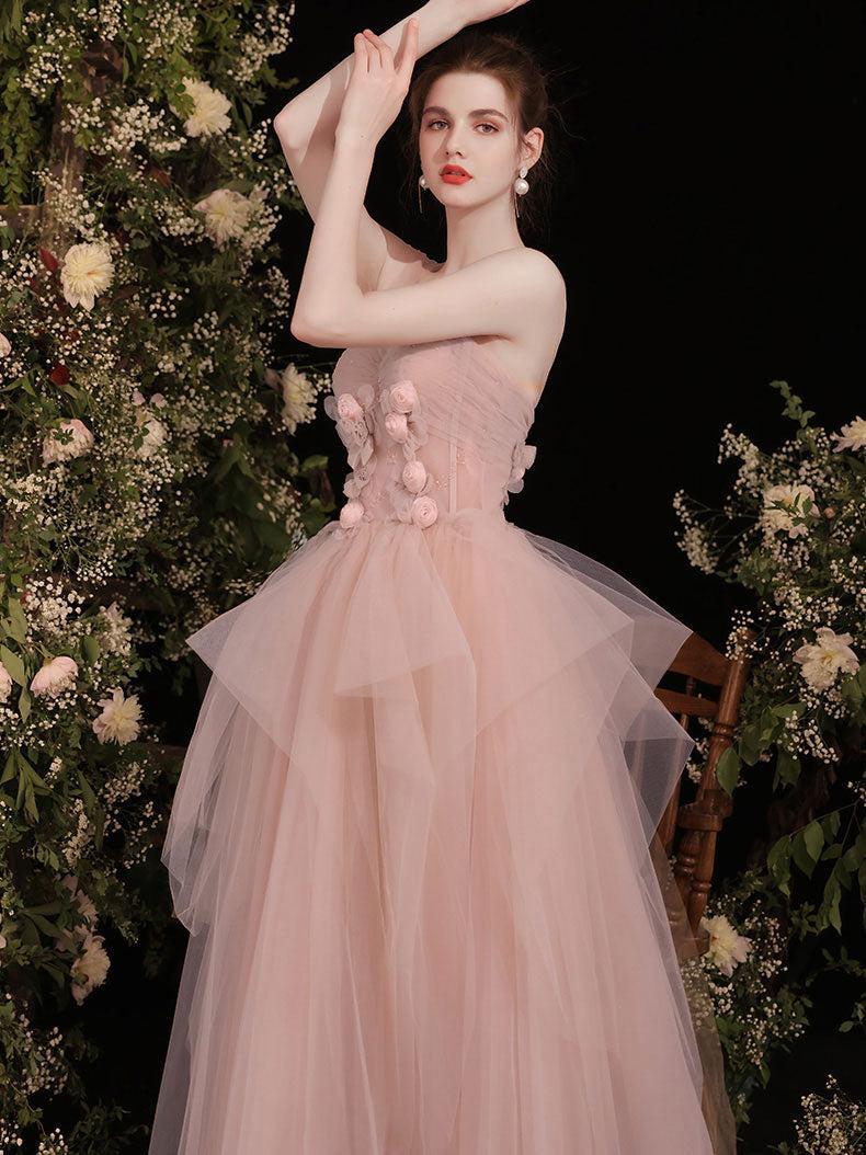 Handmade Bridesmaid Dress Pink Sweetheart Neck Tulle Long Wedding Guest Dress