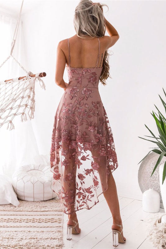 Handmade Bridesmaid Dress Pink V Neck Tulle Lace High Low Lace Wedding Guest Dress