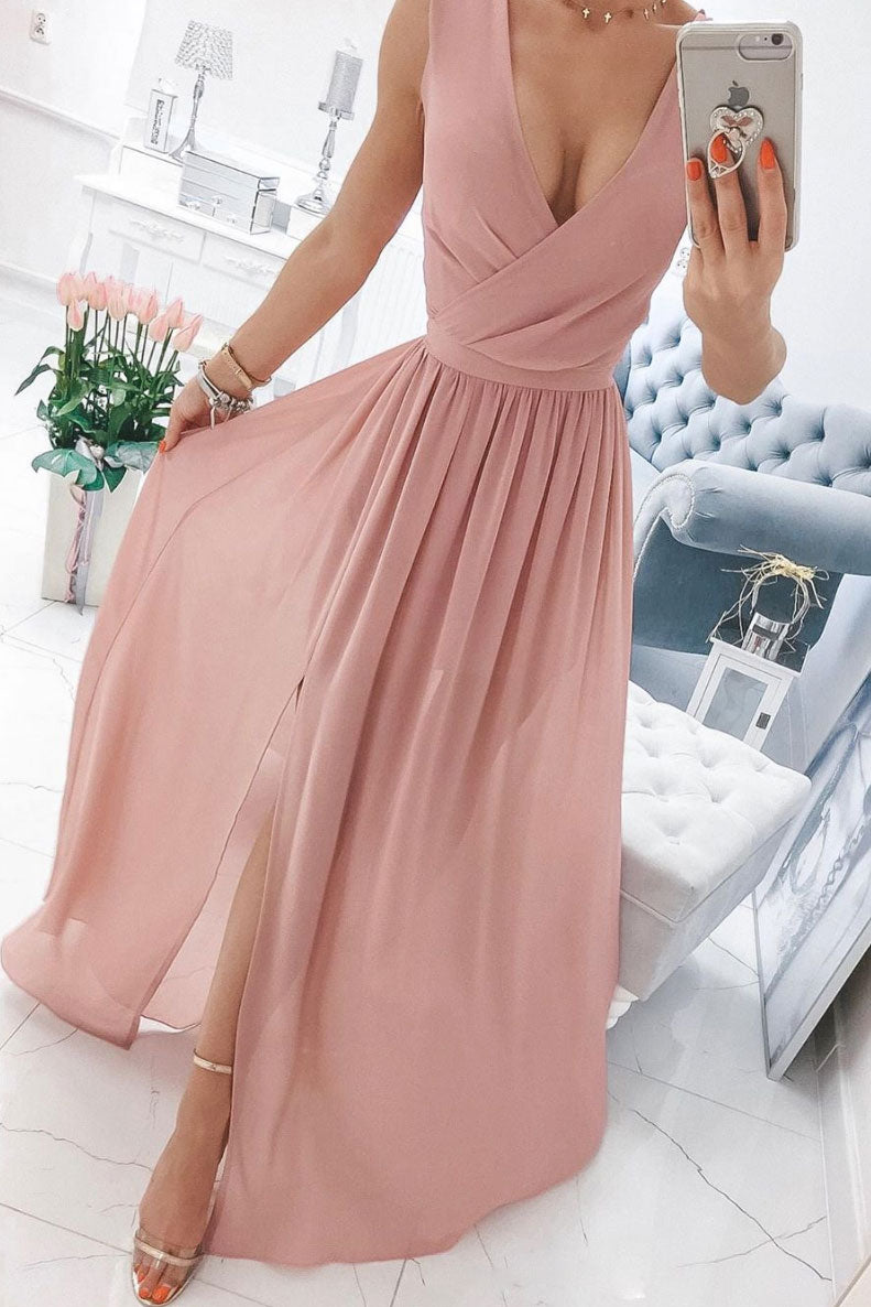 Handmade Bridesmaid Dress Simple Chiffon Pink Long Wedding Guest Dress