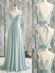 Handmade Bridesmaid Dress Simple Green V Neck Chiffon Lace Long Lace Wedding Guest Dress