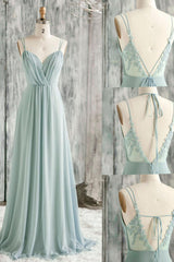 Handmade Bridesmaid Dress Simple Green V Neck Chiffon Lace Long Lace Wedding Guest Dress