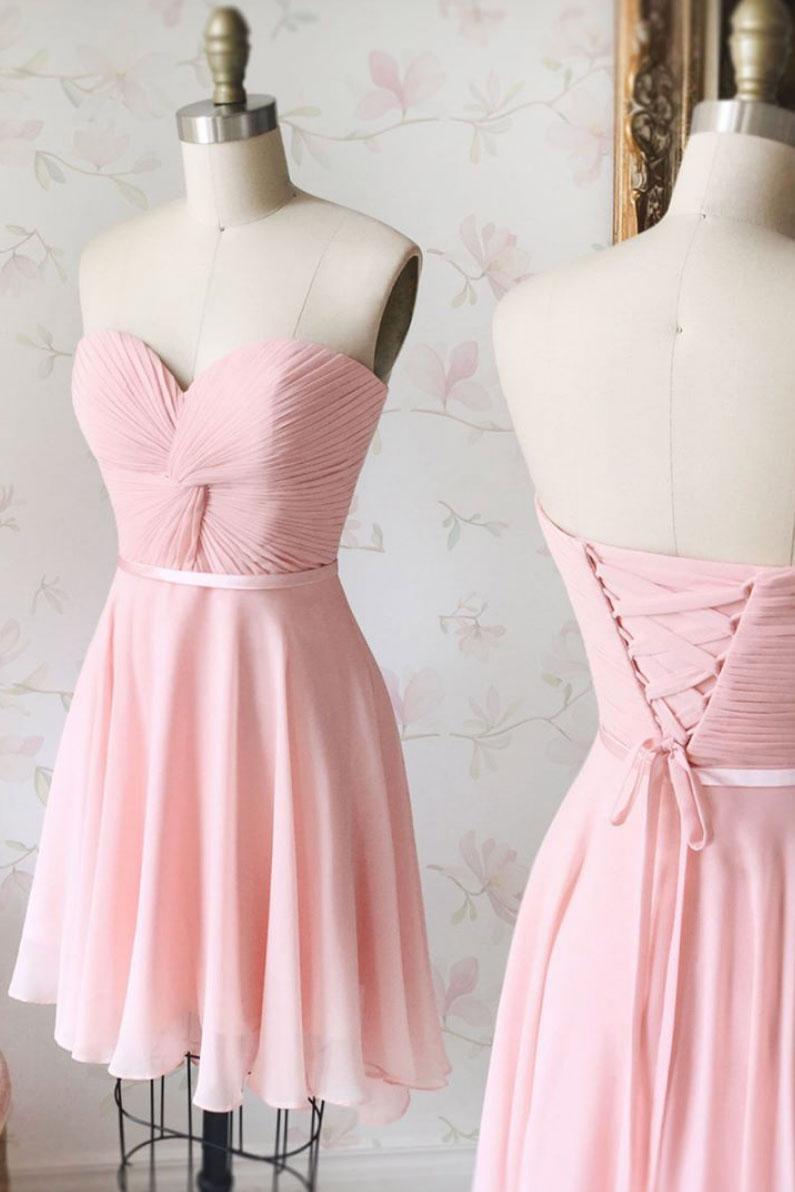 Handmade Bridesmaid Dress Simple Sweetheart Neck Chiffon Pink Short Wedding Guest Dress