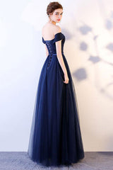 Handmade Bridesmaid Dress Simple Sweetheart Tulle Dark Blue Long Wedding Guest Dress