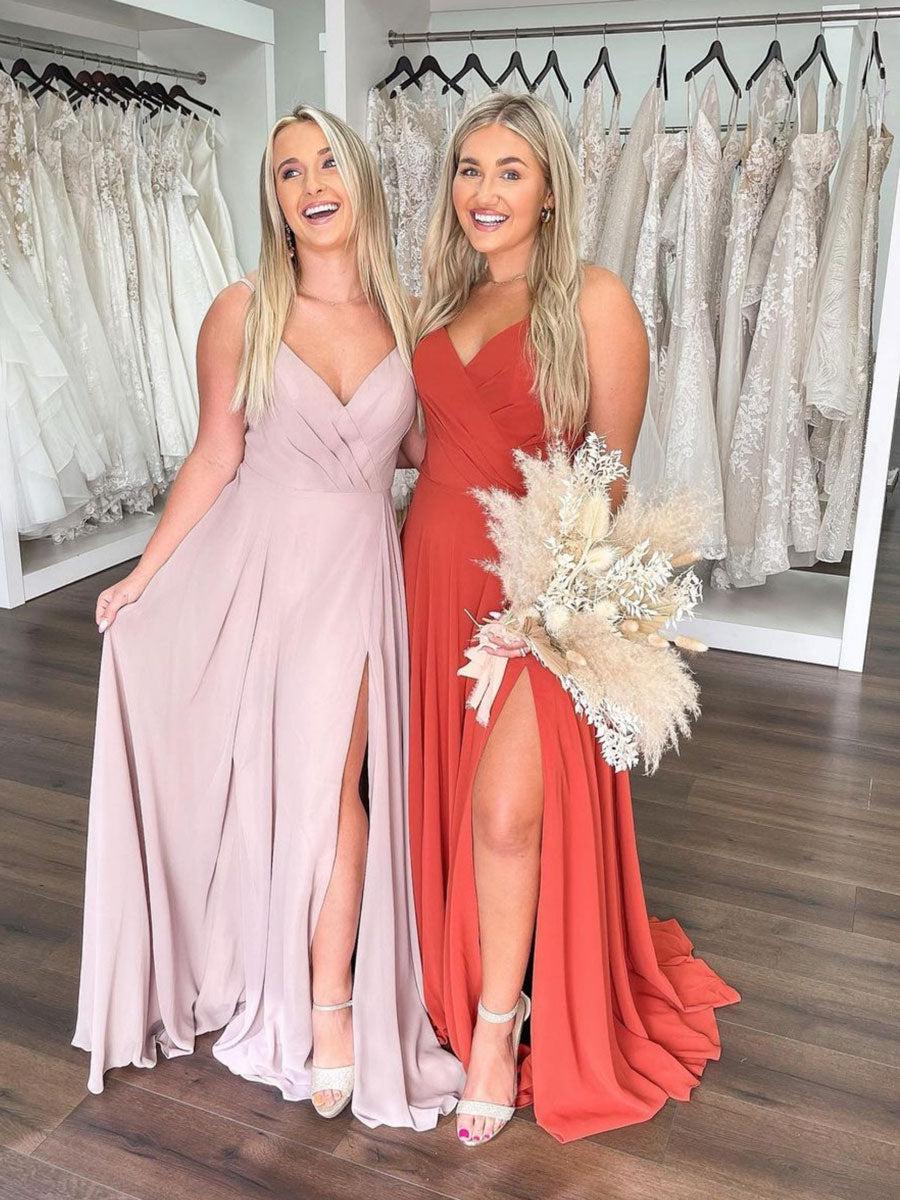 Handmade Bridesmaid Dress Simple V Neck Chiffon Long A Line Wedding Guest Dress