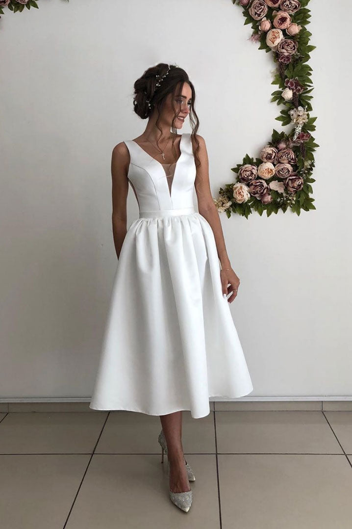 Handmade Bridesmaid Dress Simple V Neck Satin Tea Length Wedding Guest Dress