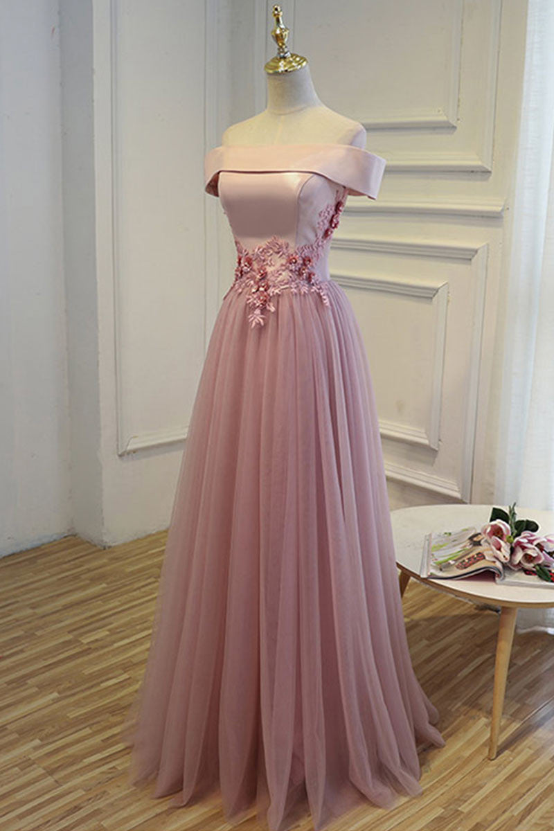 Handmade Bridesmaid DressA Line Off the Shoulder Tulle Long Wedding Guest Dress
