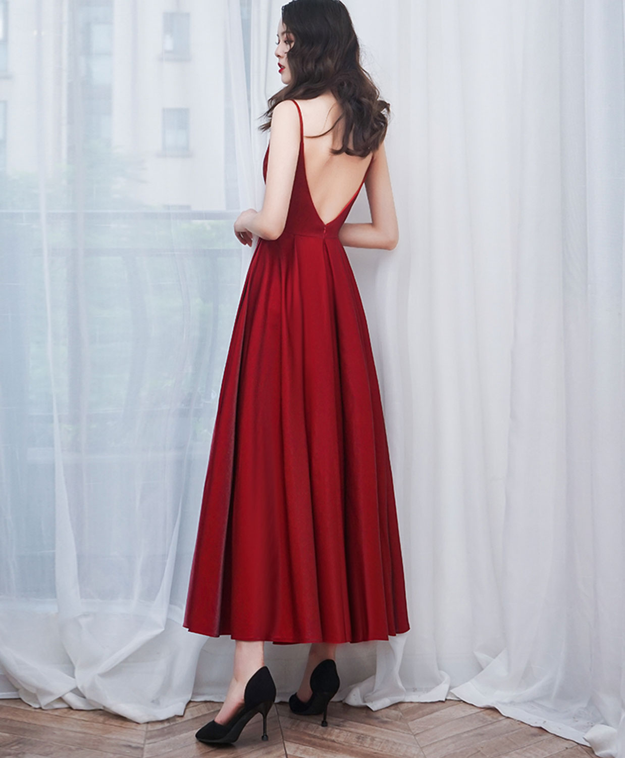 Handmade Bridesmaid DressA Line Satin Burgundy Tea Length Wedding Guest Dress