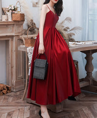 Handmade Bridesmaid DressA Line Satin Burgundy Tea Length Wedding Guest Dress