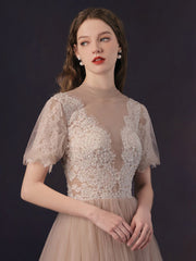 Handmade Bridesmaid DressA Line Tulle Lace Champagne Long Tulle Lace Long Wedding Guest Dress