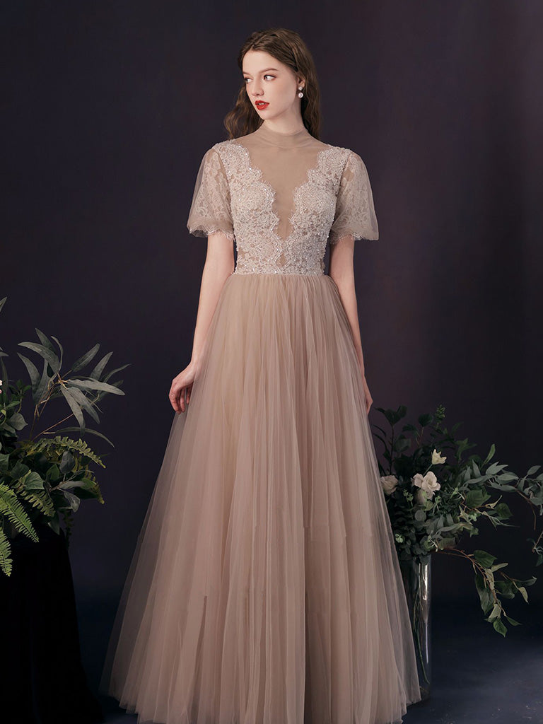 Handmade Bridesmaid DressA Line Tulle Lace Champagne Long Tulle Lace Long Wedding Guest Dress