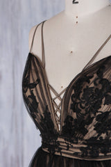 Handmade Bridesmaid DressBlack V Neck Lace Tulle Long Wedding Guest Dress
