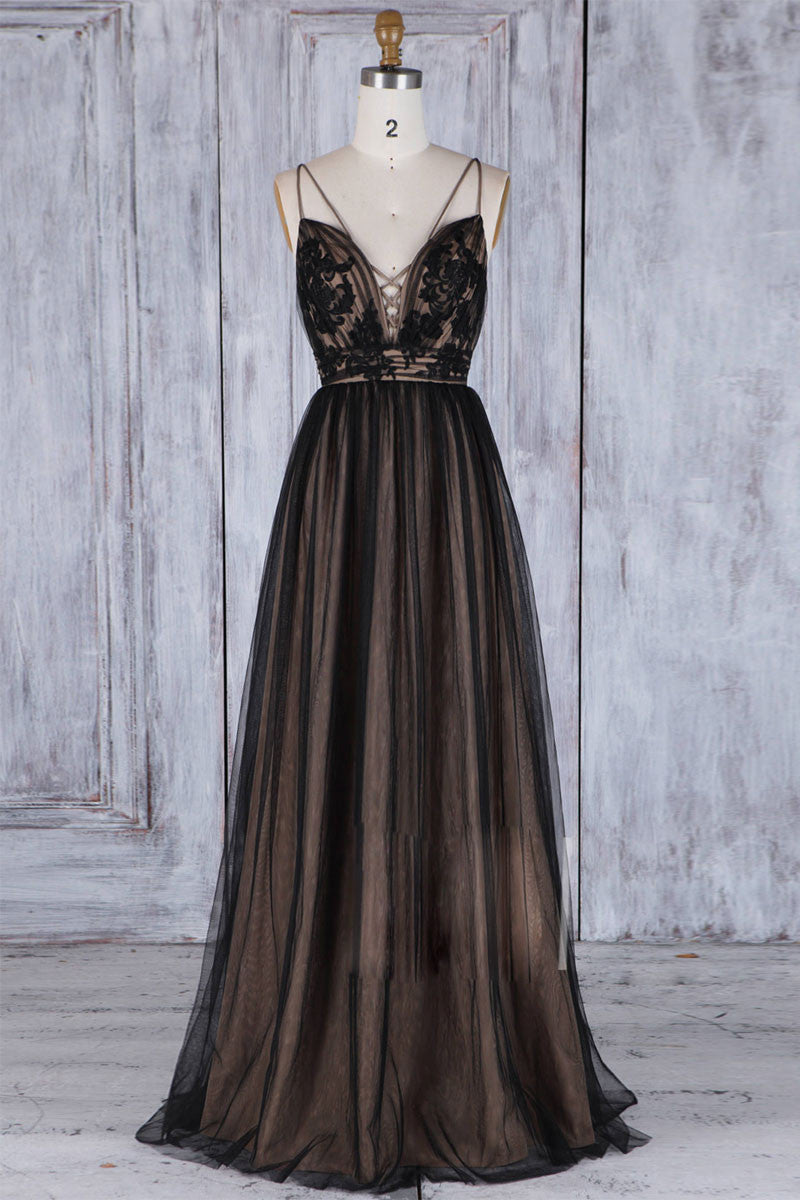 Handmade Bridesmaid DressBlack V Neck Lace Tulle Long Wedding Guest Dress