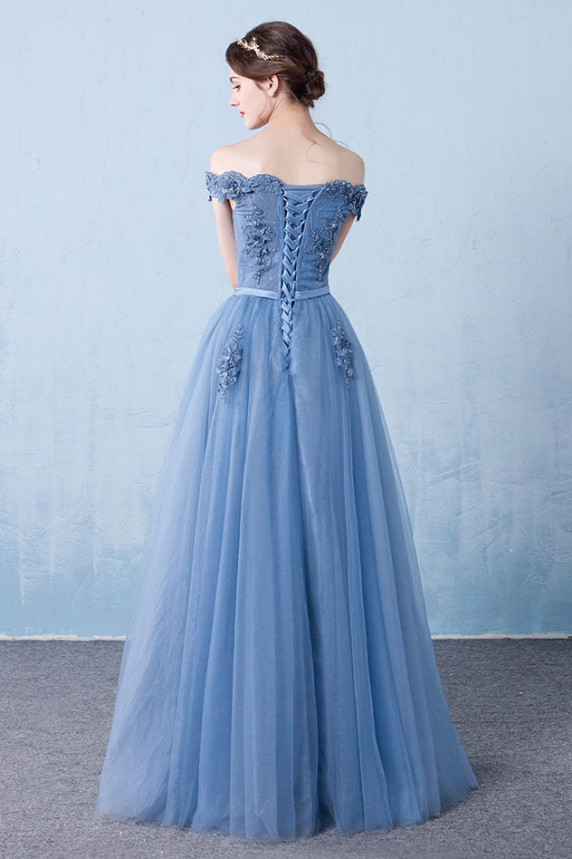 Handmade Bridesmaid DressBlue Off the Shoulder Lace Tulle Long Wedding Guest Dress