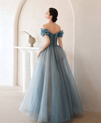 Handmade Bridesmaid DressBlue Off the Shoulder Satin Long Wedding Guest Dress