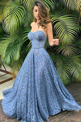 Handmade Bridesmaid DressBlue Sweetheart Lace Long Wedding Guest Dress