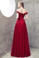 Handmade Bridesmaid DressBurgundy Tulle Lace Off the Shoulder Wedding Guest Dress