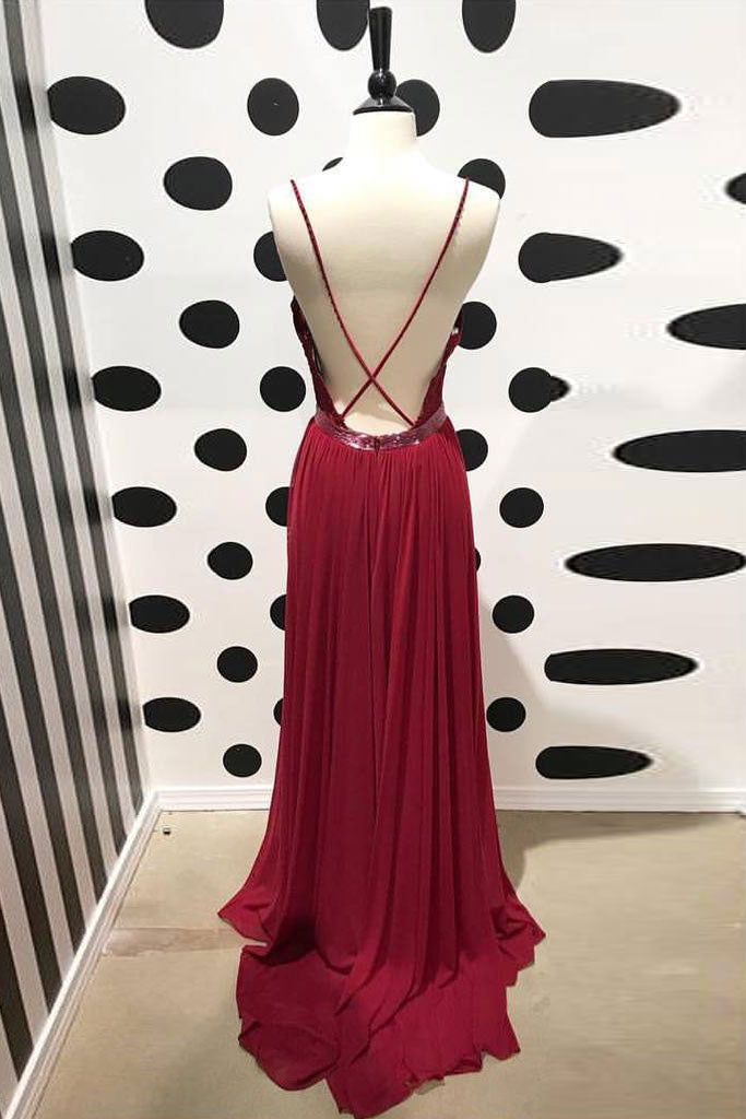 Handmade Bridesmaid DressBurgundy V Neck Lace Chiffon Long Wedding Guest Dress