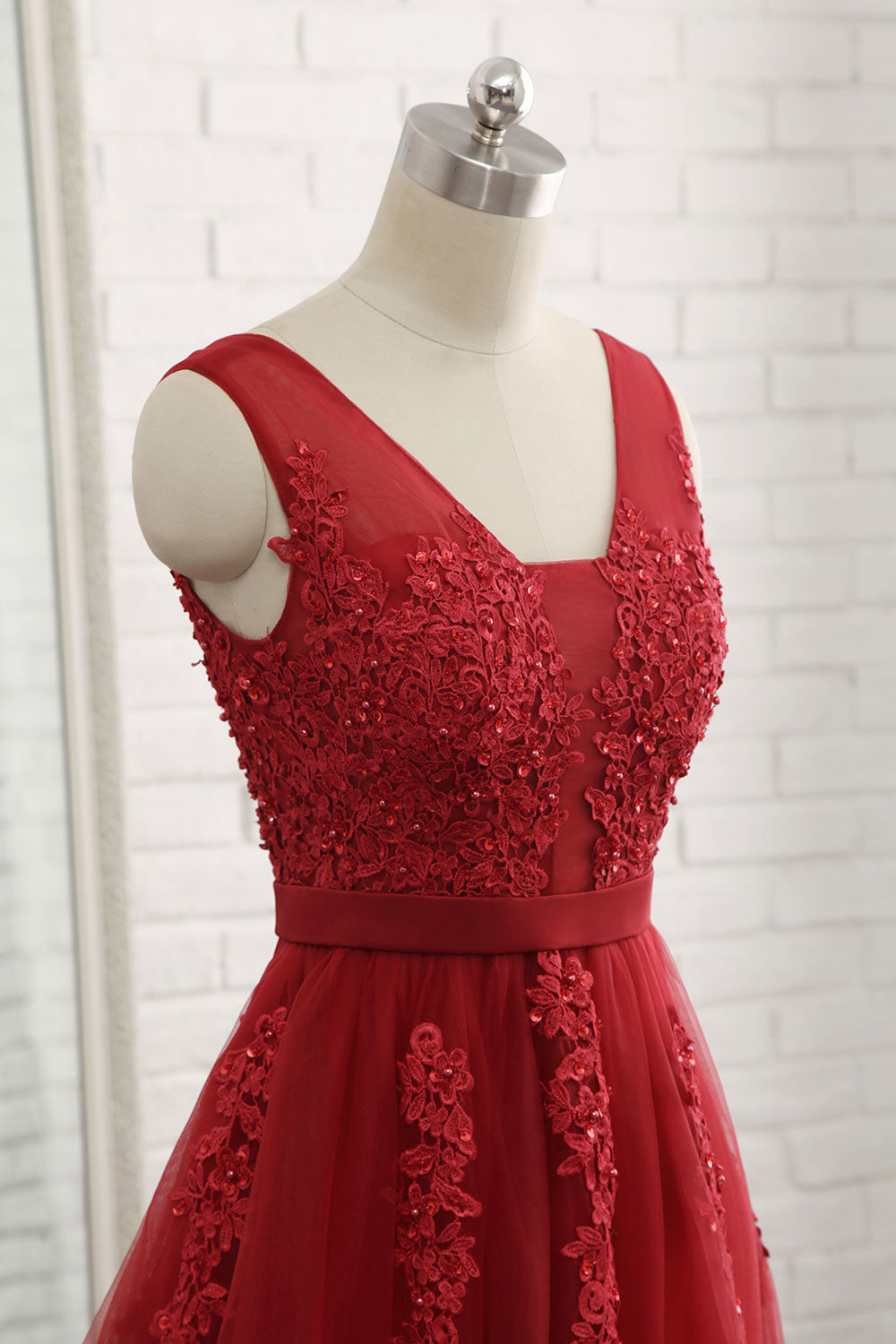 Handmade Bridesmaid DressBurgundy V Neck Tulle Lace Appliques Long Wedding Guest Dress