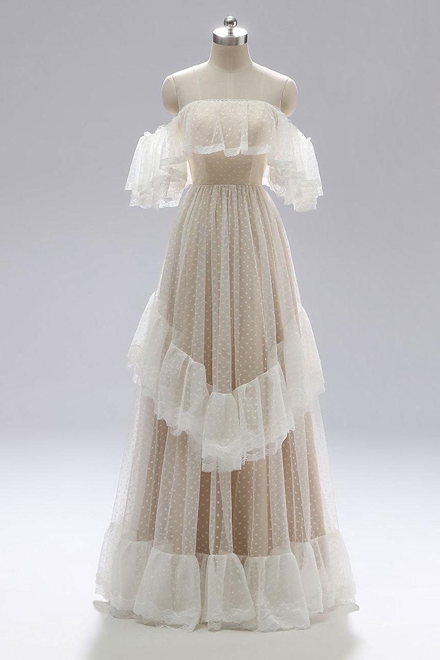 Handmade Bridesmaid DressChampagne A Line Lace Long Lace Wedding Guest Dress