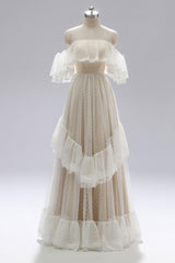 Handmade Bridesmaid DressChampagne A Line Lace Long Lace Wedding Guest Dress