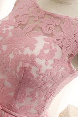 Handmade Bridesmaid DressCute Pink Round Neck Lace Short Wedding Guest Dress