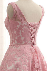 Handmade Bridesmaid DressCute Pink Round Neck Lace Short Wedding Guest Dress