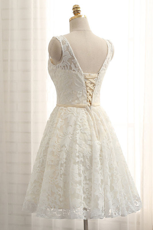 Handmade Bridesmaid DressCute Pink Round Neck Lace Short Wedding Guest Dress