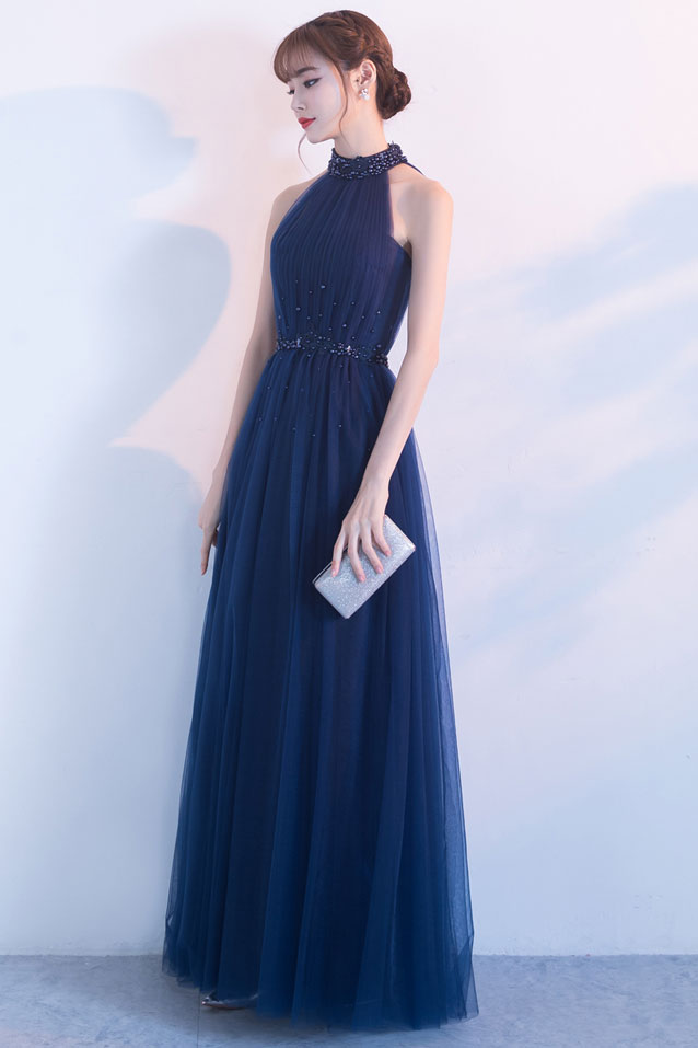 Handmade Bridesmaid DressDark Blue Tulle High Neck Long Wedding Guest Dress