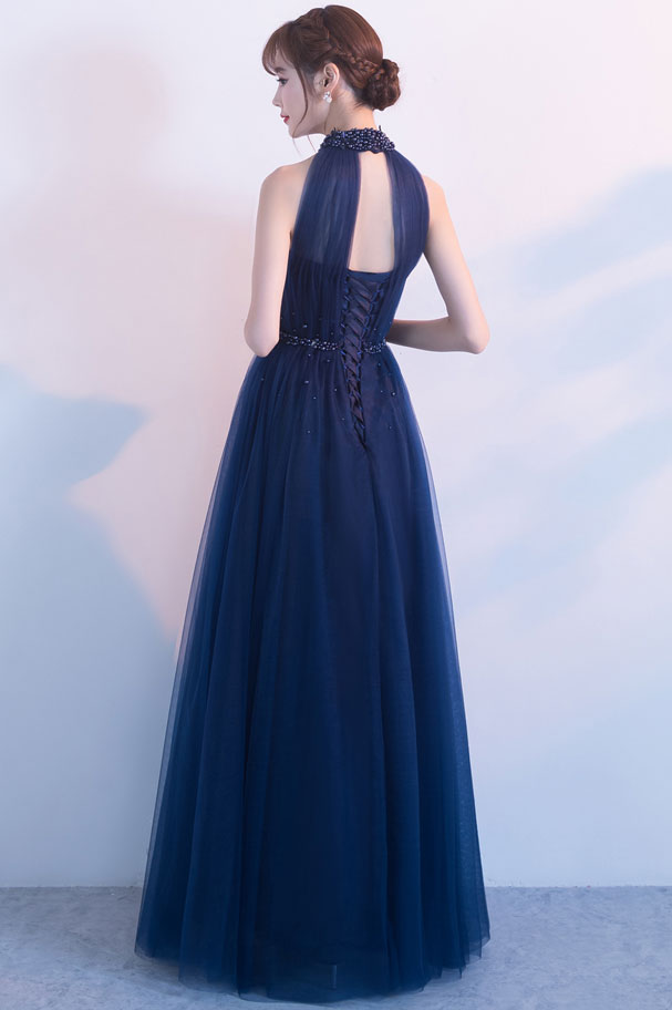 Handmade Bridesmaid DressDark Blue Tulle High Neck Long Wedding Guest Dress