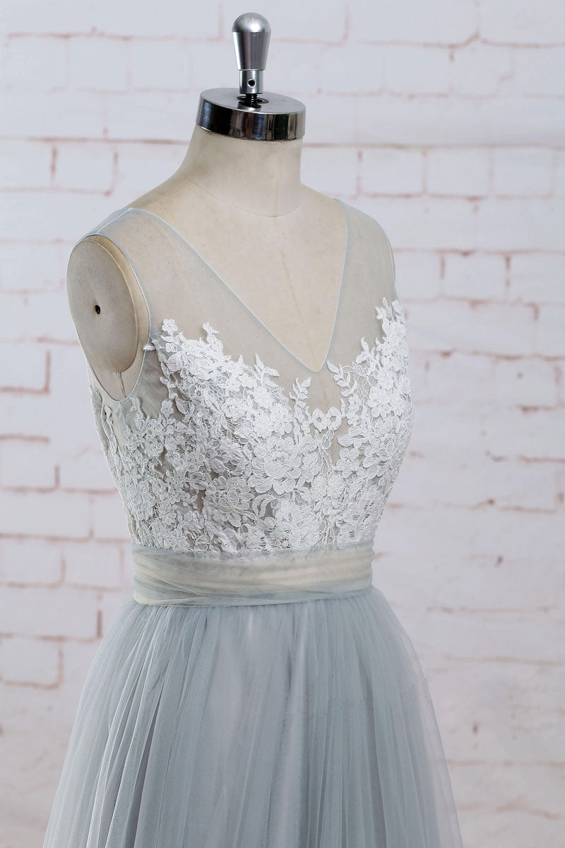 Handmade Bridesmaid DressGray A Line Lace Tulle Long Wedding Guest Dress