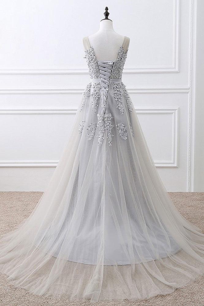 Handmade Prom Dress Gray V Neck Lace Tulle Long Wedding Guest Dress