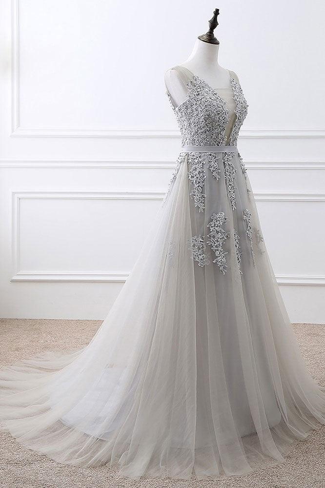Handmade Prom Dress Gray V Neck Lace Tulle Long Wedding Guest Dress