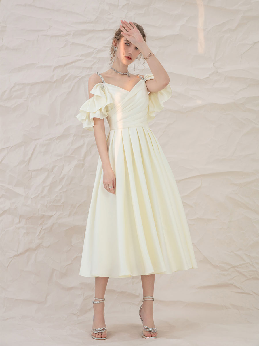 Handmade Bridesmaid DressLight Yellow Satin Short Wedding Guest Dress