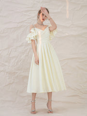 Handmade Bridesmaid DressLight Yellow Satin Short Wedding Guest Dress
