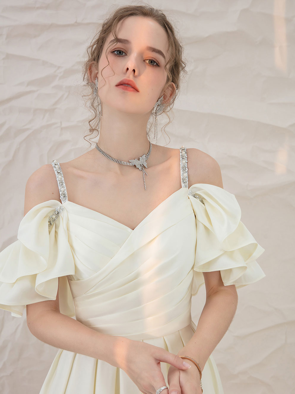 Handmade Bridesmaid DressLight Yellow Satin Short Wedding Guest Dress