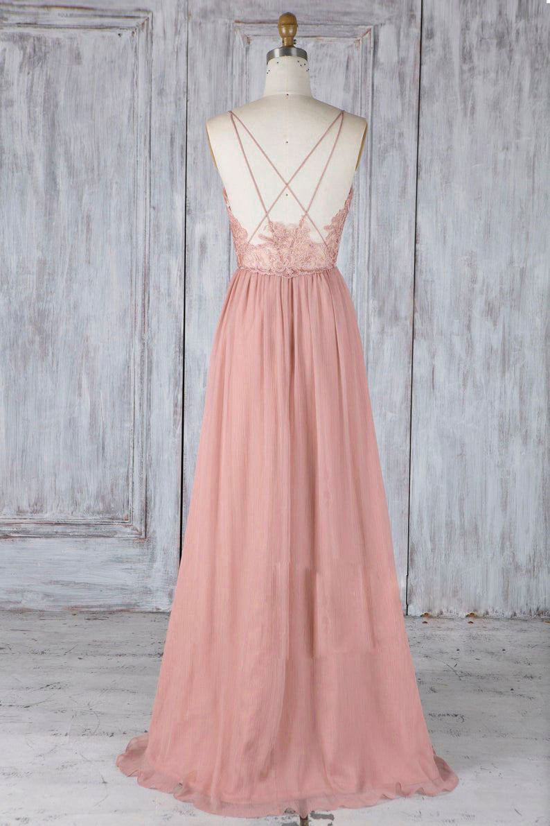 Handmade Bridesmaid DressPink Chiffon Lace Long Wedding Guest Dress