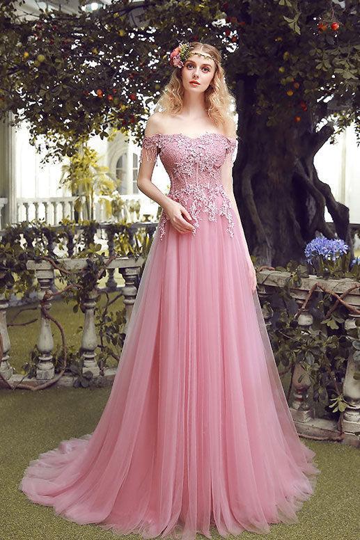 Handmade Bridesmaid DressPink Off the Shoulder Lace Tulle Long Wedding Guest Dress