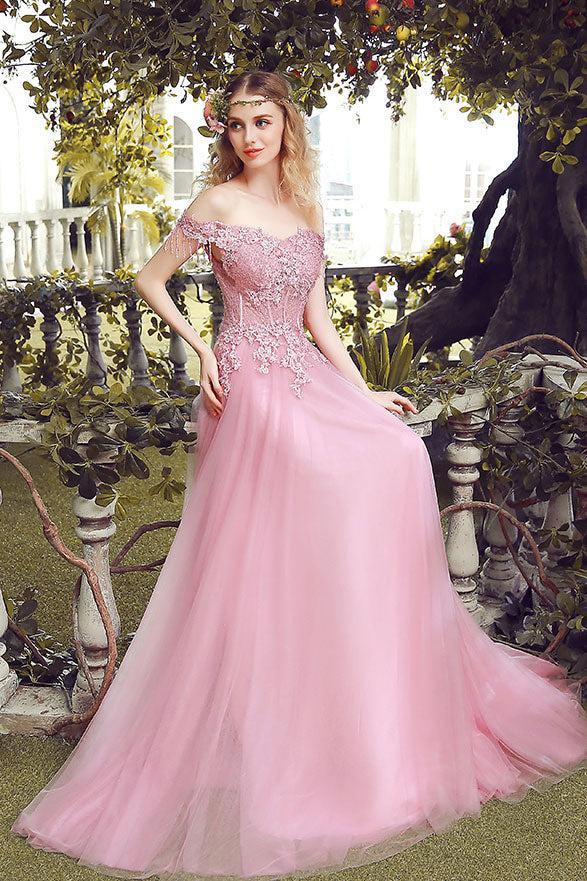 Handmade Bridesmaid DressPink Off the Shoulder Lace Tulle Long Wedding Guest Dress