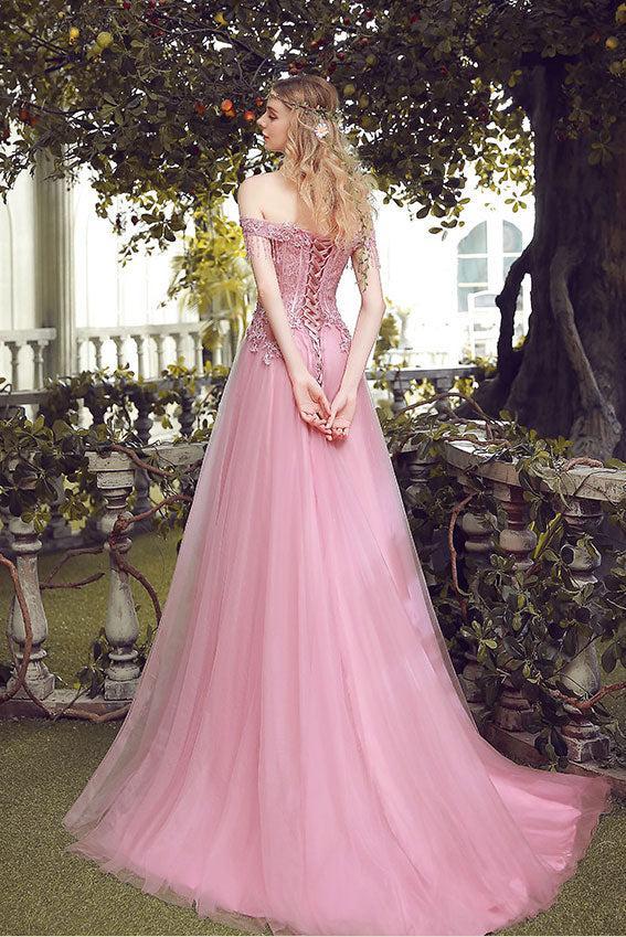 Handmade Bridesmaid DressPink Off the Shoulder Lace Tulle Long Wedding Guest Dress