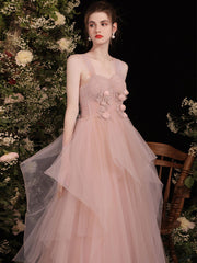 Handmade Bridesmaid DressPink Sweetheart Neck Tulle Long Wedding Guest Dress