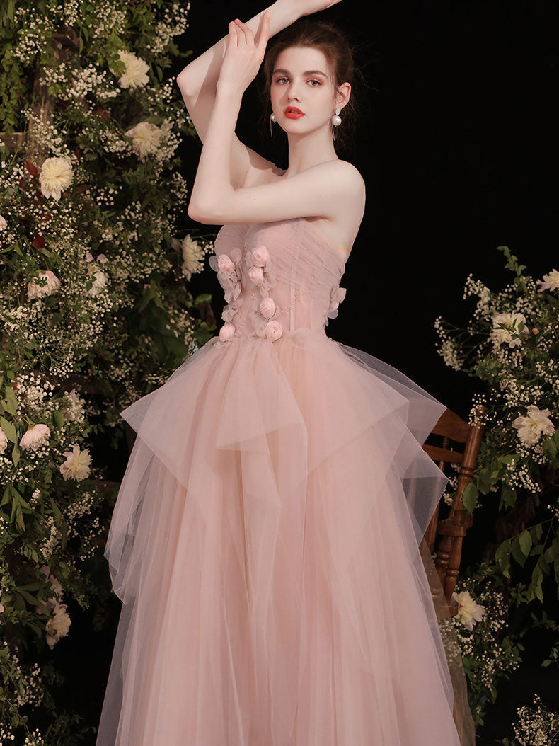 Handmade Bridesmaid DressPink Sweetheart Neck Tulle Long Wedding Guest Dress