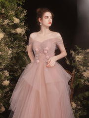 Handmade Bridesmaid DressPink Sweetheart Neck Tulle Long Wedding Guest Dress