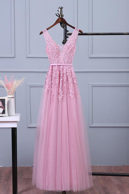 Handmade Bridesmaid DressPink V Neck Lace Appliques Tulle Long Wedding Guest Dress