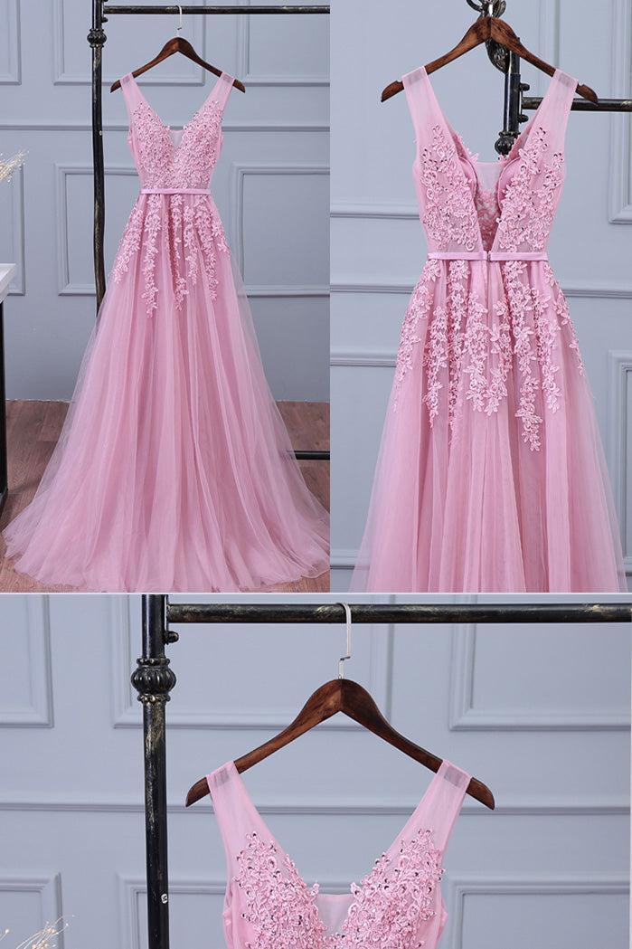 Handmade Bridesmaid DressPink V Neck Lace Appliques Tulle Long Wedding Guest Dress