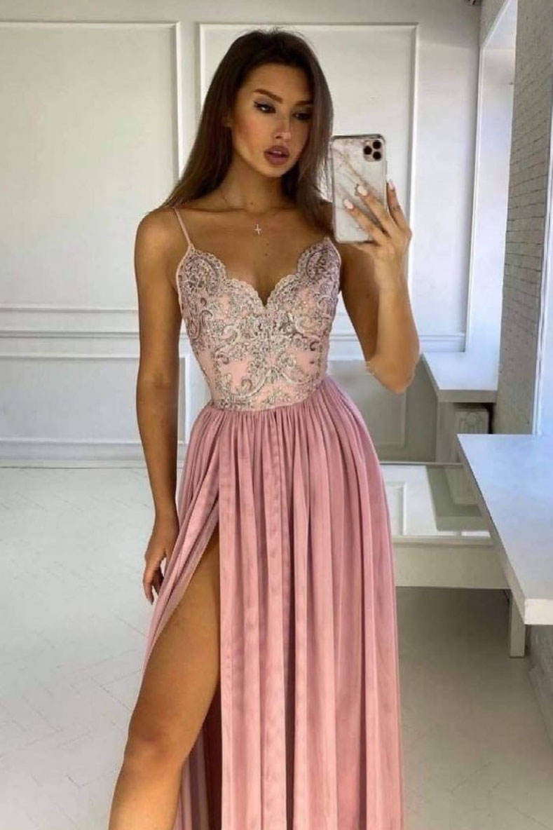Handmade Bridesmaid DressPink V Neck Lace Long Wedding Guest Dress