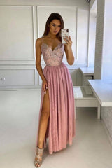 Handmade Bridesmaid DressPink V Neck Lace Long Wedding Guest Dress