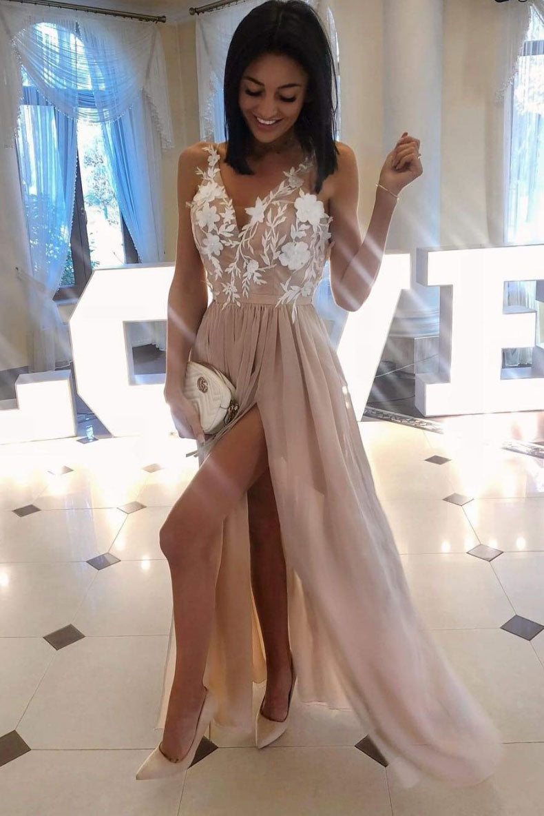 Handmade Bridesmaid DressPink V Neck Tulle Lace Applique Long Wedding Guest Dress