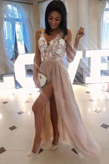 Handmade Bridesmaid DressPink V Neck Tulle Lace Applique Long Wedding Guest Dress