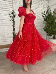 Handmade Bridesmaid DressRed Tulle Tea Length Tulle Wedding Guest Dress
